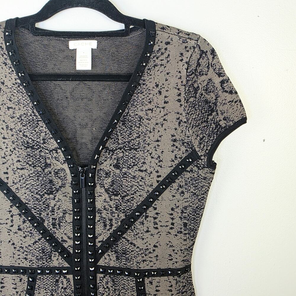 Cache Bodycon Dress Medium Black Snakeskin Studded Zip Front Mob Wife Edgy Glam - Picture 6 of 16